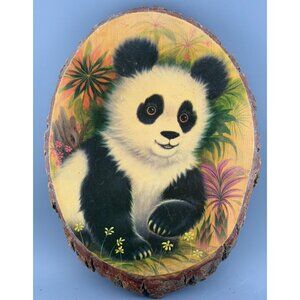 Vintage Six Flags Great Adventure Panda Wood Slice Wall Plaque Safari Park Decor